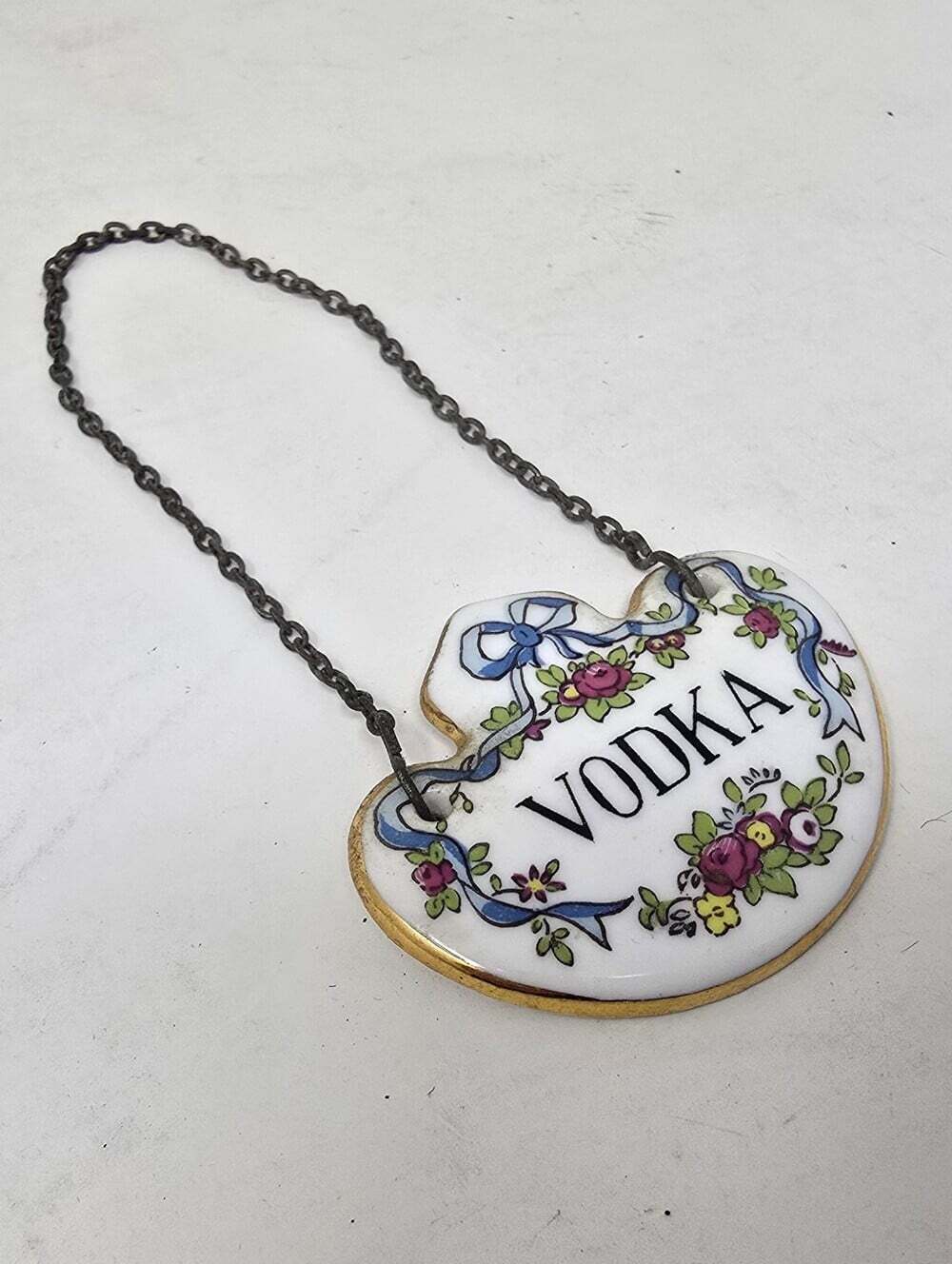 Vintage Crown Staffordshire Vodka Decanter Label Fine Bone China w Chain